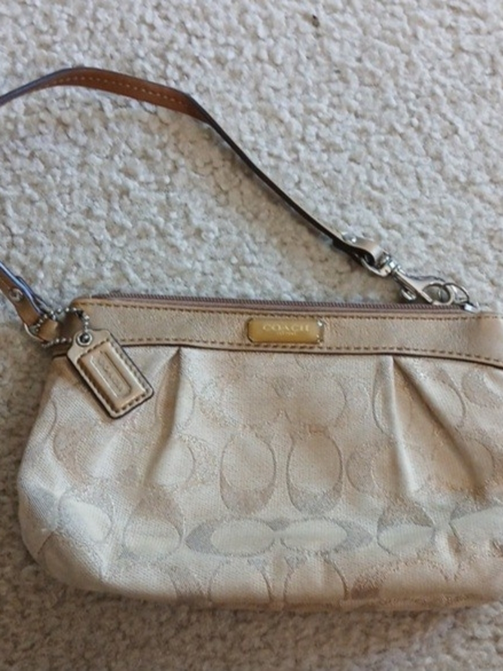 Coach Tan & Gold Signature Wristlet with Leather Trim